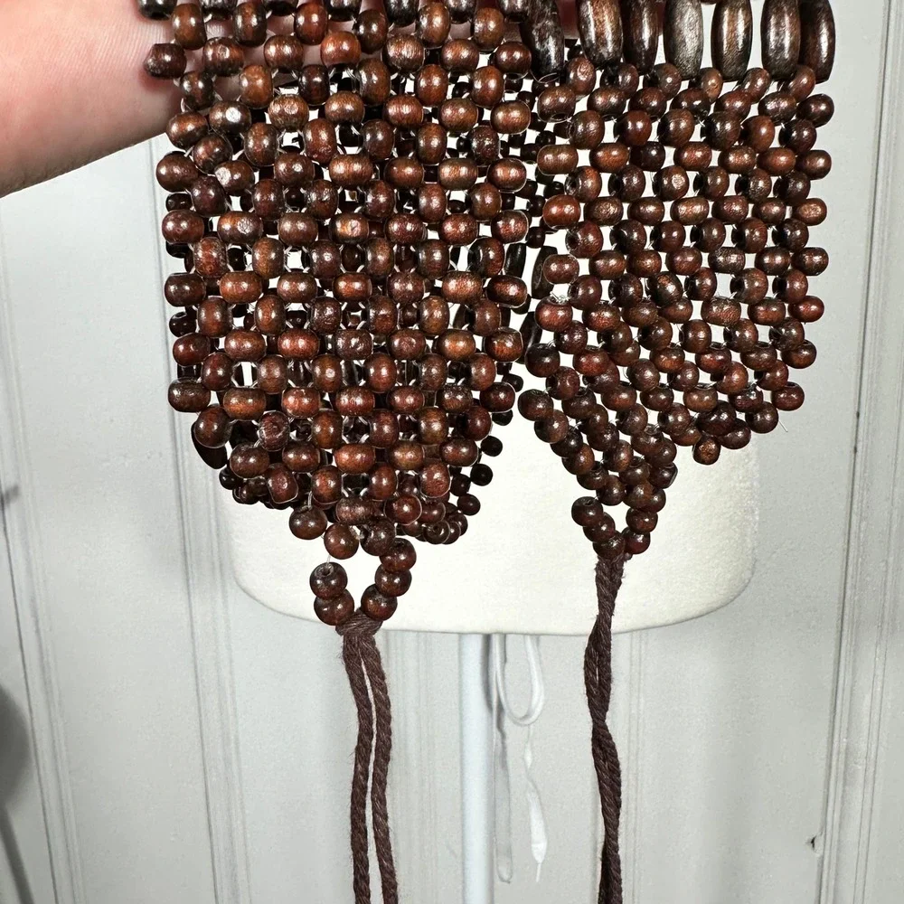 Vintage Brown Wooden Bead Wide Tie Belt Woven Boho Hippie Adjustable Waist